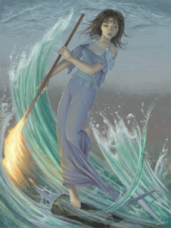Девушка на бревне плывёт во волнам на море