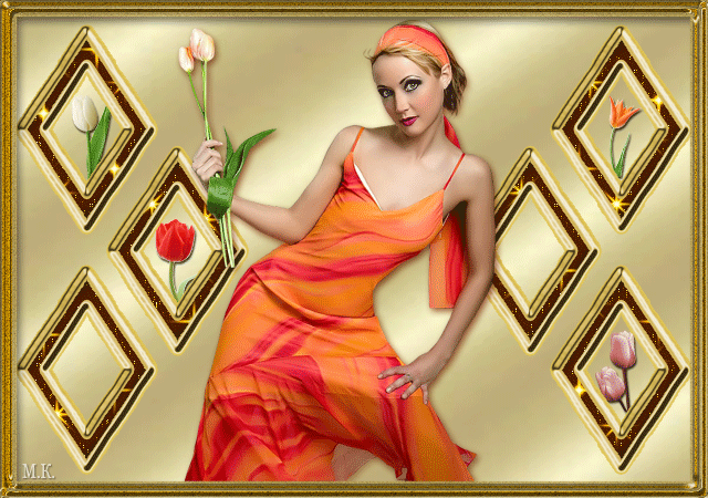 Девушка в оранжевом длинном платье, тюльпаны