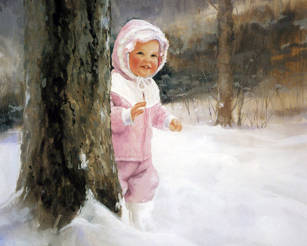 Рисунок девочки под деревом зимой