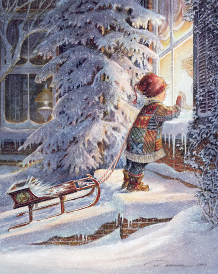 Мальчик с санками зимой на улице