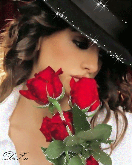Грустная девушка с тремя красными розами у груди