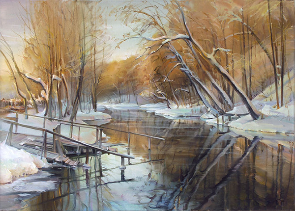 Река зимой, зимний пейзаж художника