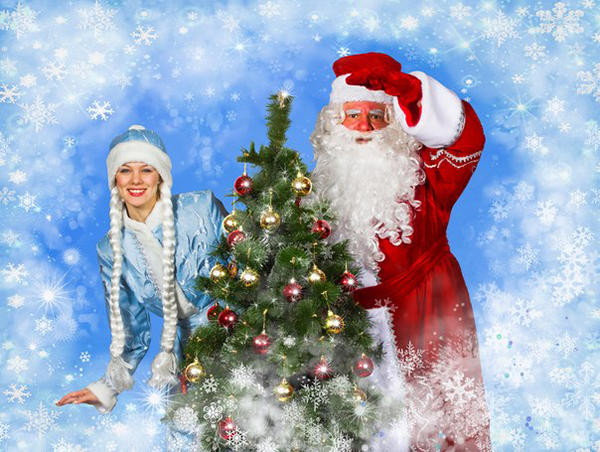 Дед Мороз и Снегурочка с новогодней ёлкой