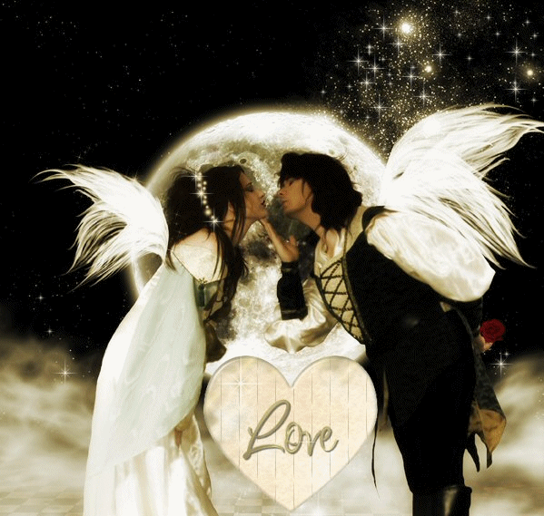 Парень и девушка ангелы целуются, надпись Love