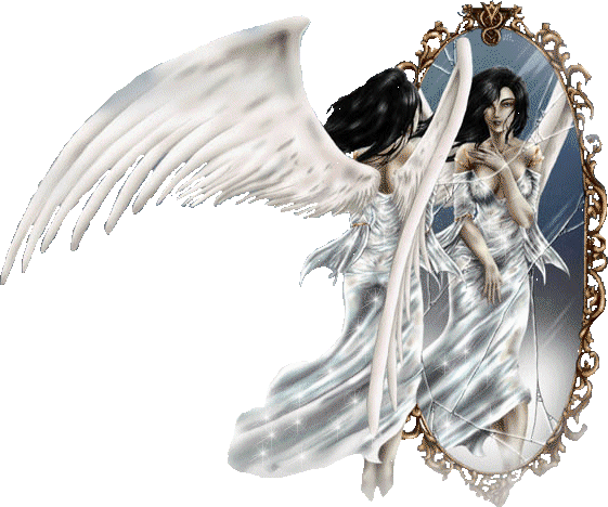 Белый ангел с чёрными волосами смотрится в зеркало