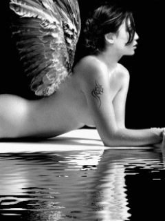 Обнаженная девушка с крыльями ангела лежит в воде