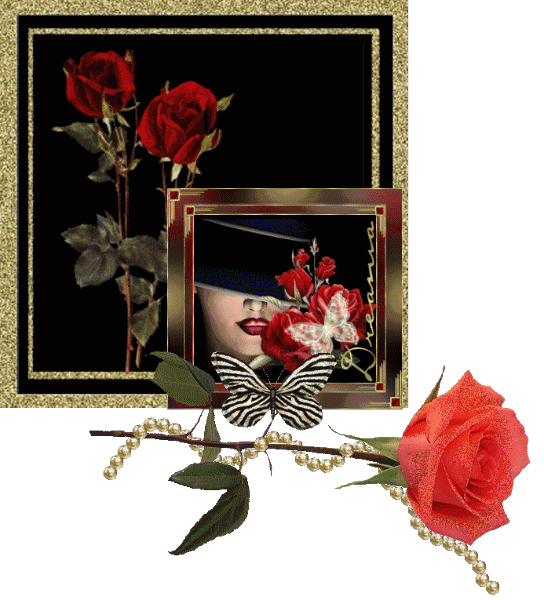 Букет из трёх красных роз и бабочка на цветке