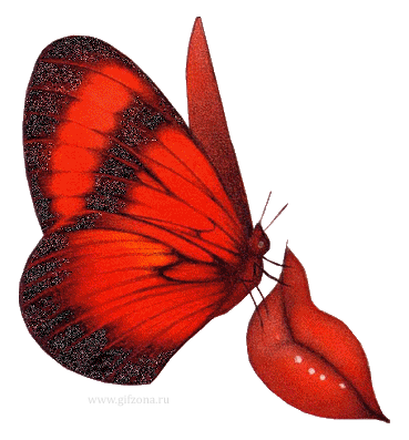 Красивая красная бабочка порхает на губах девушки