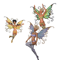 Три фэнтези девушки-бабочки танцуют в воздухе