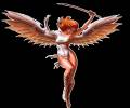 Девушка ангел с оружием в руке машет крыльями