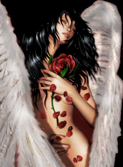 Ангел брюнетка с красной розой, лепестки роз