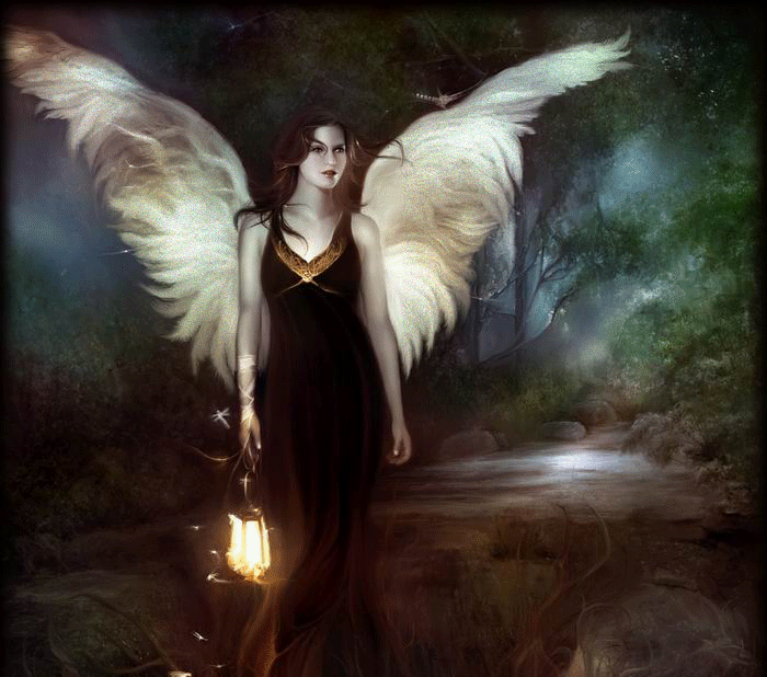 Девушка ангел в чёрном платье, ночь, фонарь