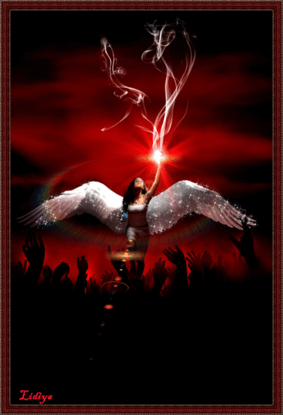 Девушка с крыльями ангела в темноте несёт свет