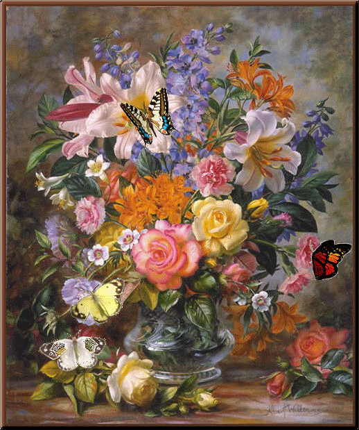 Много красивых бабочек и цветов, натюрморт